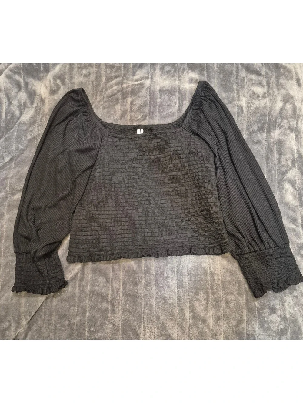 Anthropologie Black Smocked Square Neck Balloon Sleeve Bls